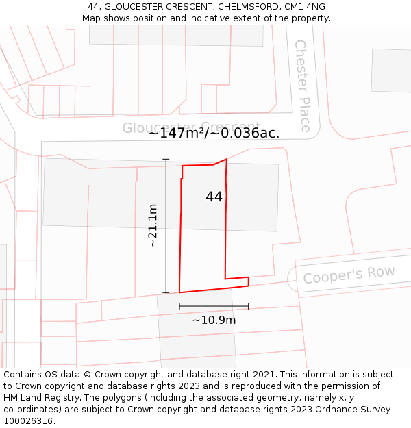 44, GLOUCESTER CRESCENT, CHELMSFORD, CM1 4NG: Plot and title map