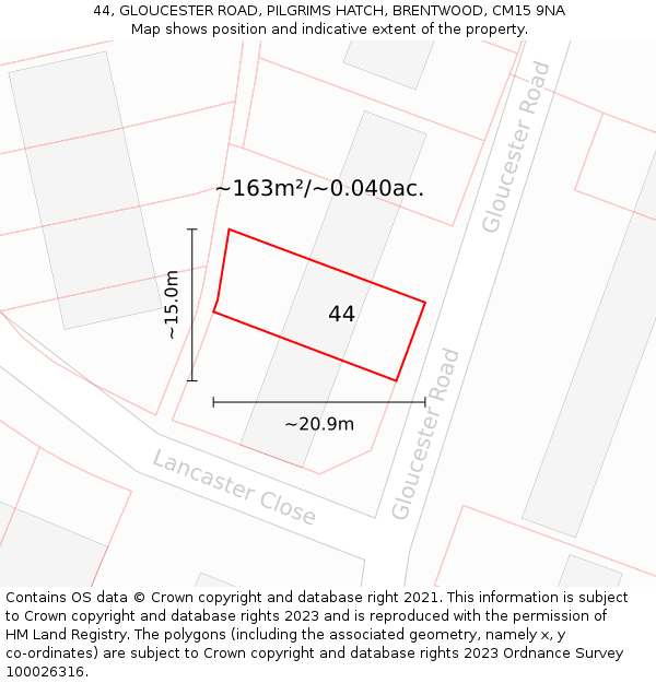 44, GLOUCESTER ROAD, PILGRIMS HATCH, BRENTWOOD, CM15 9NA: Plot and title map