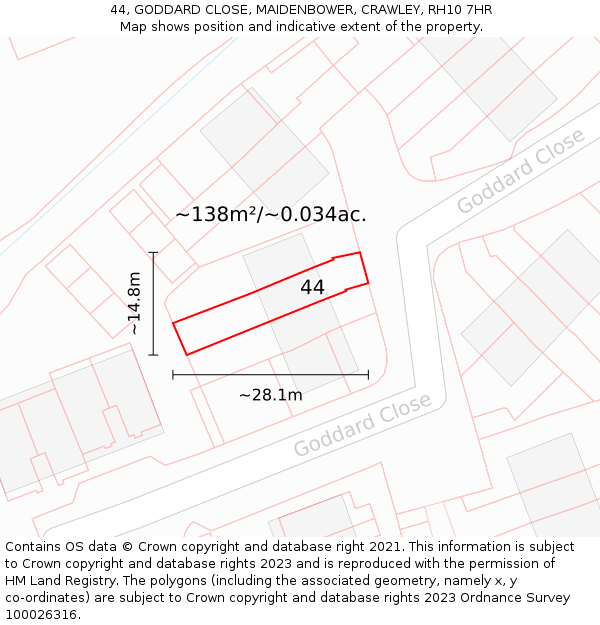 44, GODDARD CLOSE, MAIDENBOWER, CRAWLEY, RH10 7HR: Plot and title map