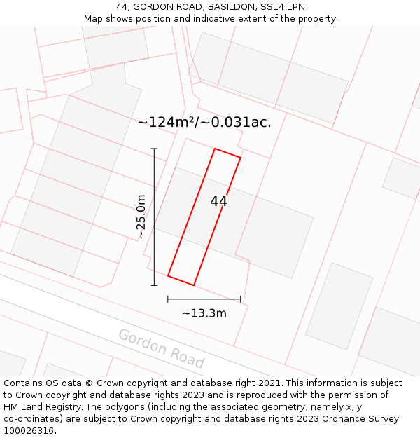 44, GORDON ROAD, BASILDON, SS14 1PN: Plot and title map