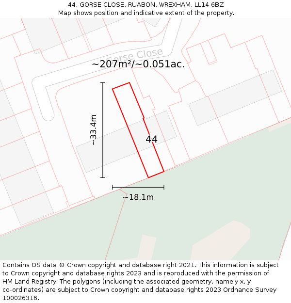 44, GORSE CLOSE, RUABON, WREXHAM, LL14 6BZ: Plot and title map