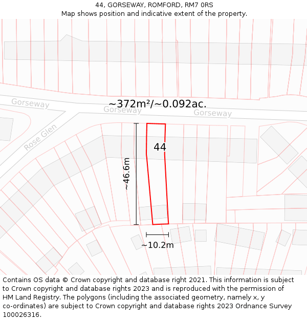 44, GORSEWAY, ROMFORD, RM7 0RS: Plot and title map