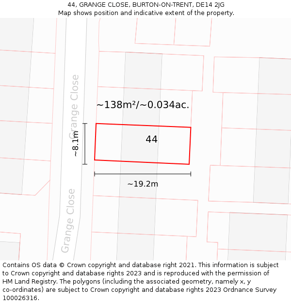 44, GRANGE CLOSE, BURTON-ON-TRENT, DE14 2JG: Plot and title map