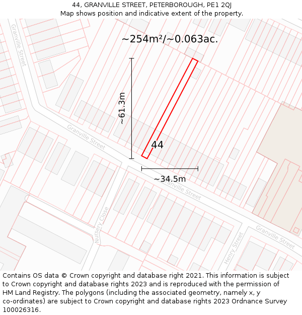 44, GRANVILLE STREET, PETERBOROUGH, PE1 2QJ: Plot and title map