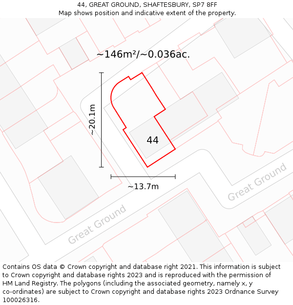 44, GREAT GROUND, SHAFTESBURY, SP7 8FF: Plot and title map
