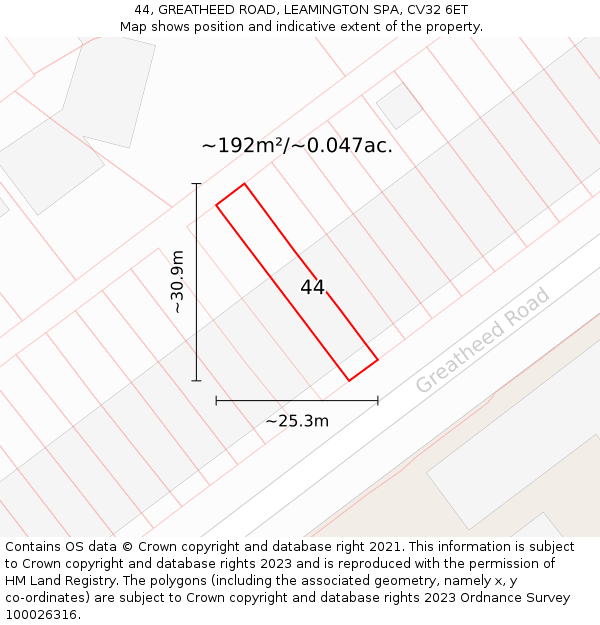 44, GREATHEED ROAD, LEAMINGTON SPA, CV32 6ET: Plot and title map
