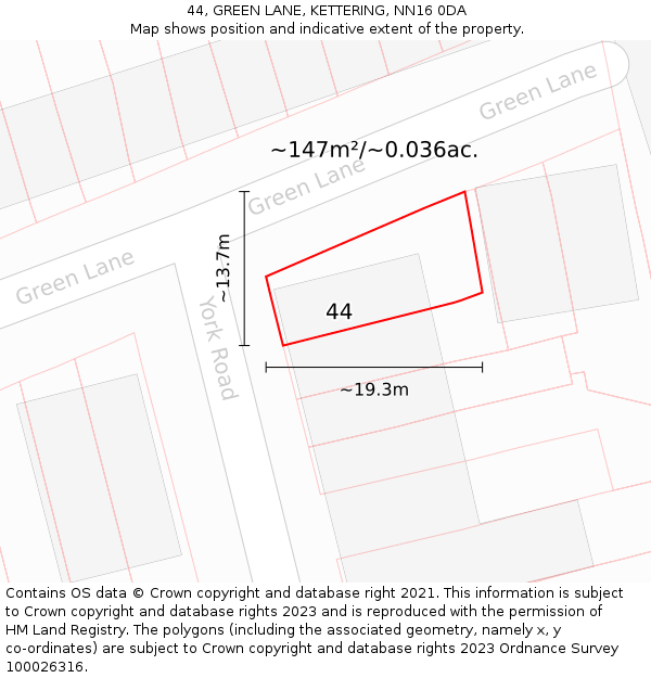 44, GREEN LANE, KETTERING, NN16 0DA: Plot and title map