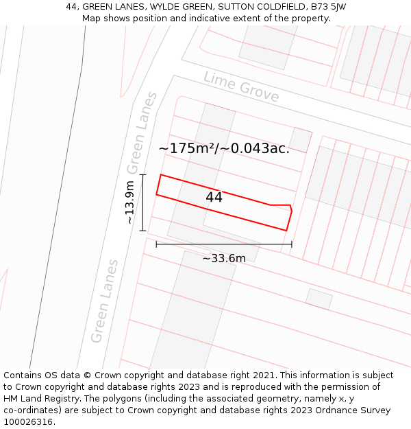 44, GREEN LANES, WYLDE GREEN, SUTTON COLDFIELD, B73 5JW: Plot and title map