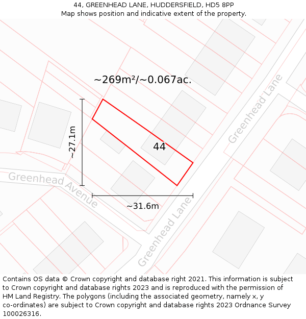 44, GREENHEAD LANE, HUDDERSFIELD, HD5 8PP: Plot and title map