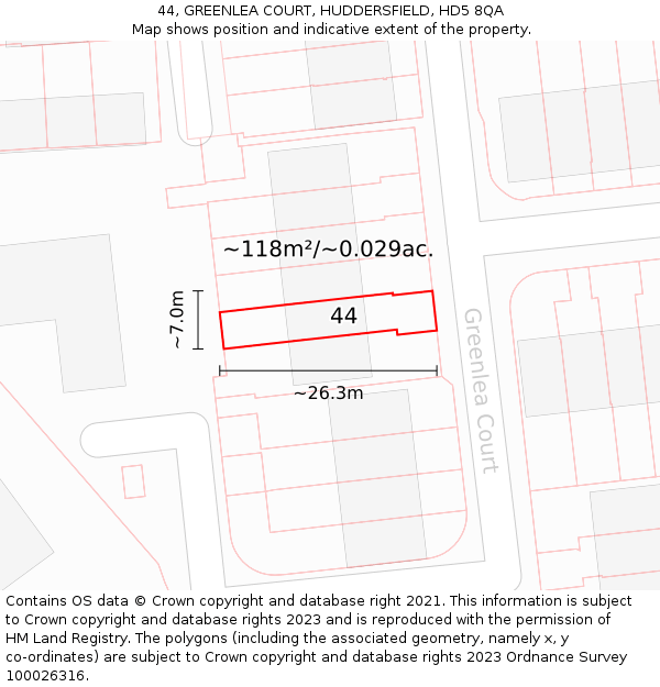 44, GREENLEA COURT, HUDDERSFIELD, HD5 8QA: Plot and title map