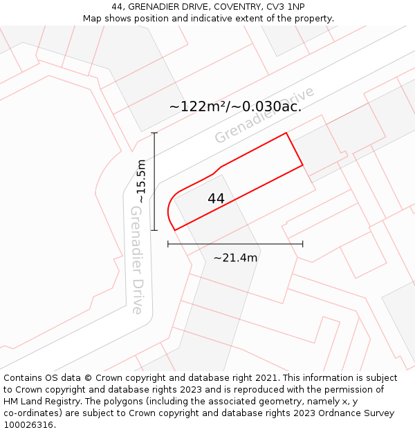 44, GRENADIER DRIVE, COVENTRY, CV3 1NP: Plot and title map