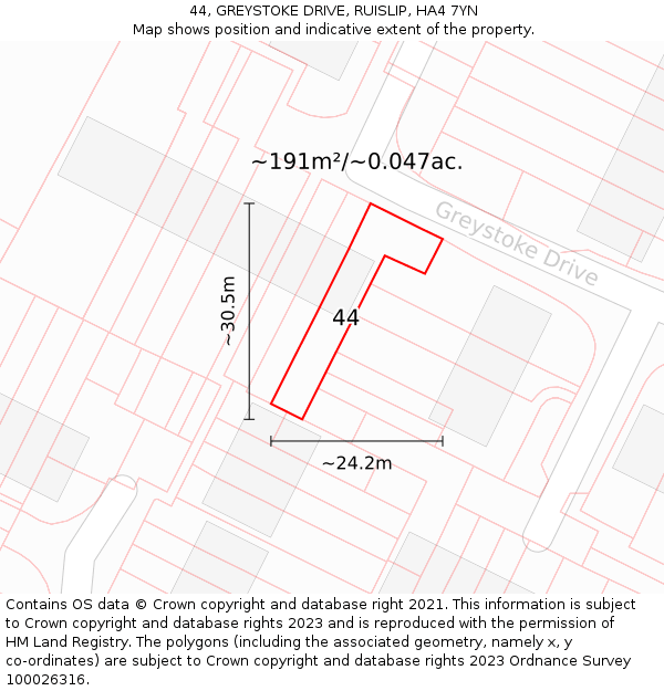 44, GREYSTOKE DRIVE, RUISLIP, HA4 7YN: Plot and title map