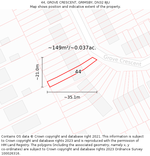 44, GROVE CRESCENT, GRIMSBY, DN32 8JU: Plot and title map
