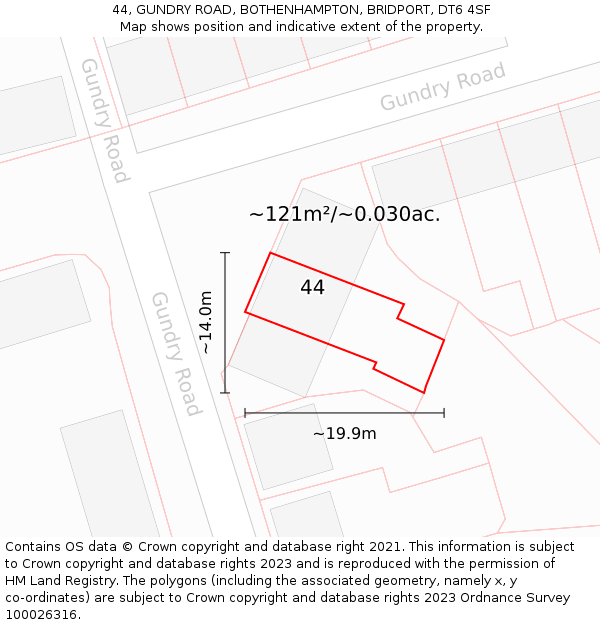 44, GUNDRY ROAD, BOTHENHAMPTON, BRIDPORT, DT6 4SF: Plot and title map