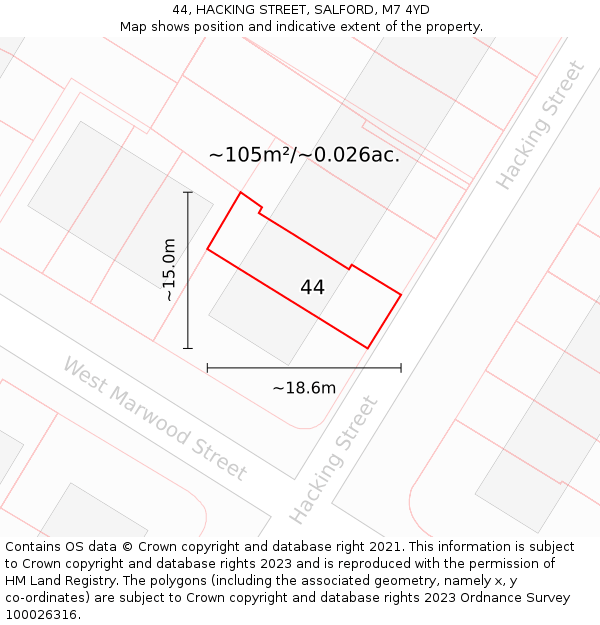 44, HACKING STREET, SALFORD, M7 4YD: Plot and title map