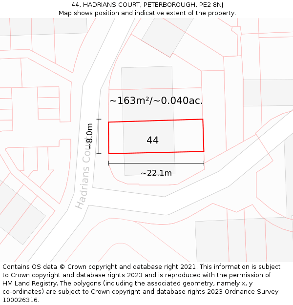 44, HADRIANS COURT, PETERBOROUGH, PE2 8NJ: Plot and title map
