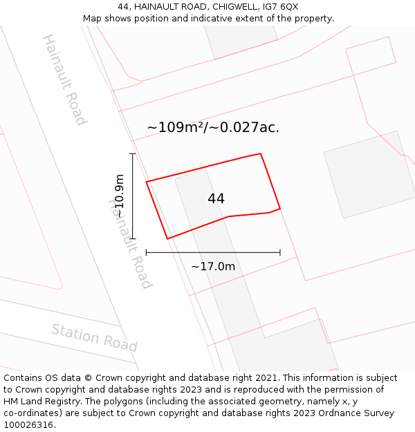 44, HAINAULT ROAD, CHIGWELL, IG7 6QX: Plot and title map
