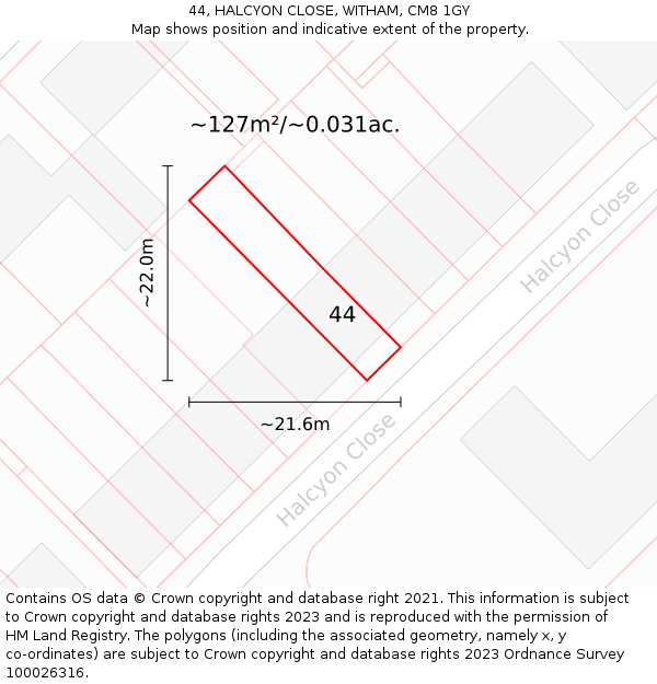 44, HALCYON CLOSE, WITHAM, CM8 1GY: Plot and title map