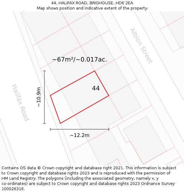 44, HALIFAX ROAD, BRIGHOUSE, HD6 2EA: Plot and title map