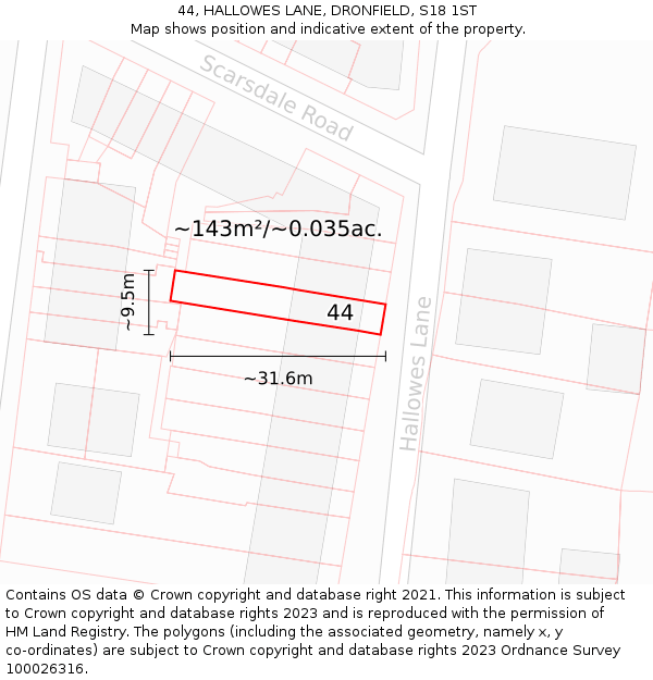44, HALLOWES LANE, DRONFIELD, S18 1ST: Plot and title map