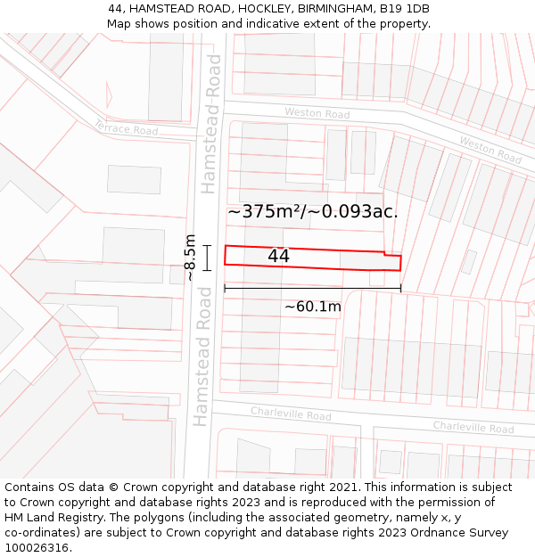 44, HAMSTEAD ROAD, HOCKLEY, BIRMINGHAM, B19 1DB: Plot and title map