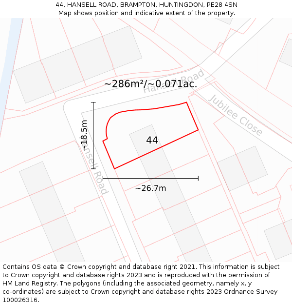 44, HANSELL ROAD, BRAMPTON, HUNTINGDON, PE28 4SN: Plot and title map