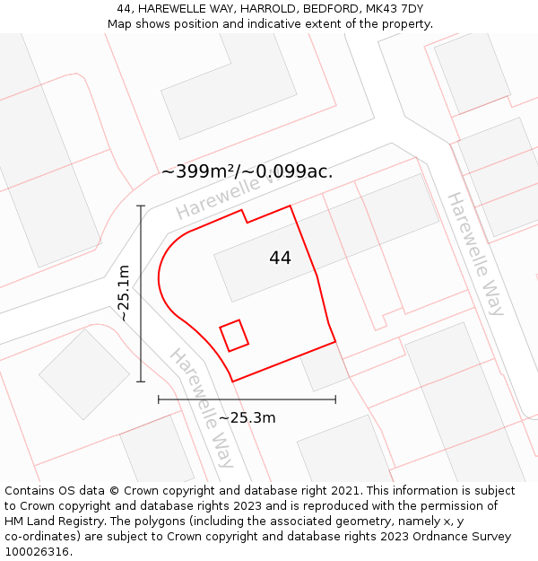 44, HAREWELLE WAY, HARROLD, BEDFORD, MK43 7DY: Plot and title map