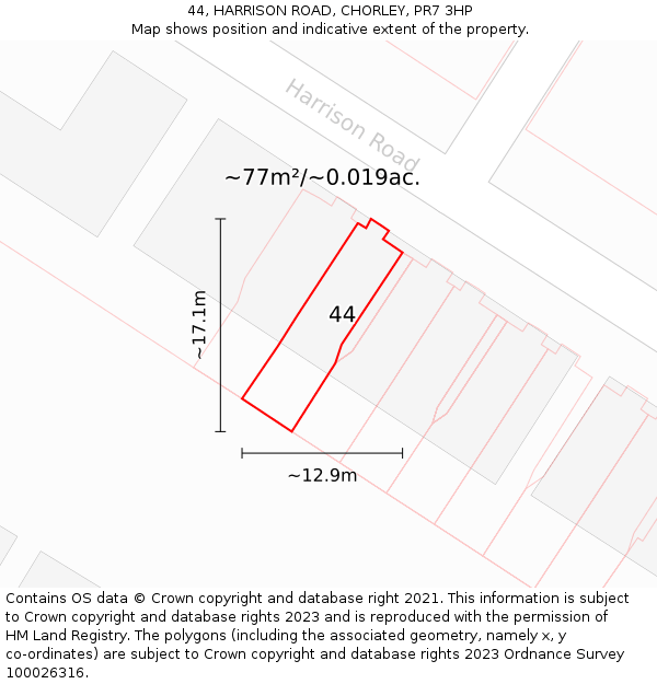 44, HARRISON ROAD, CHORLEY, PR7 3HP: Plot and title map