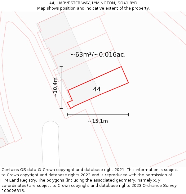 44, HARVESTER WAY, LYMINGTON, SO41 8YD: Plot and title map