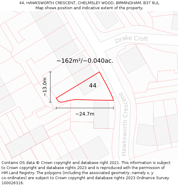 44, HAWKSWORTH CRESCENT, CHELMSLEY WOOD, BIRMINGHAM, B37 6UL: Plot and title map