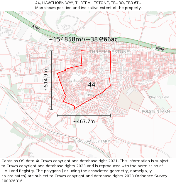 44, HAWTHORN WAY, THREEMILESTONE, TRURO, TR3 6TU: Plot and title map