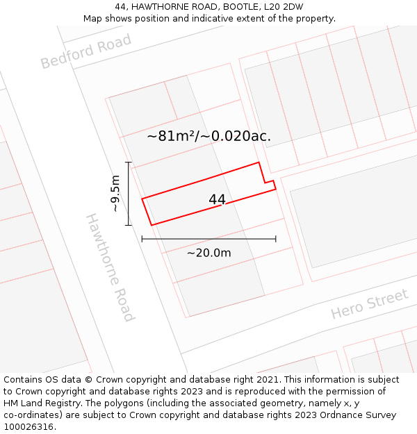 44, HAWTHORNE ROAD, BOOTLE, L20 2DW: Plot and title map