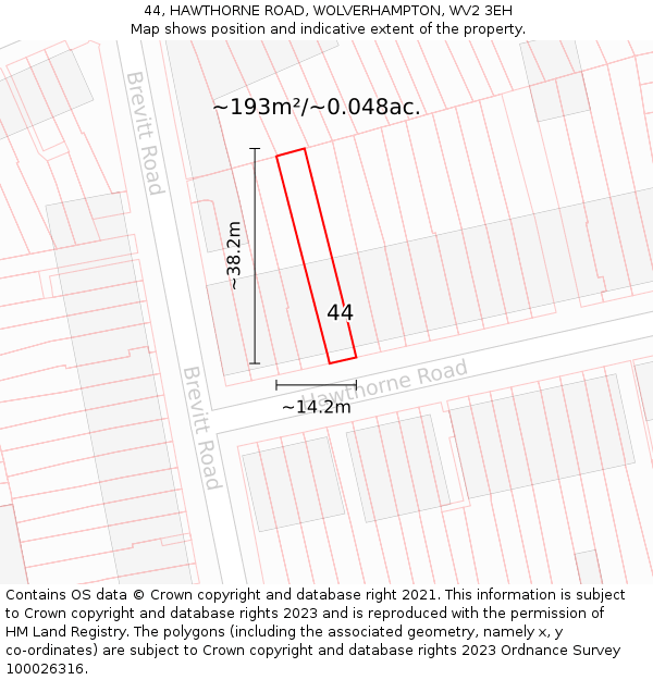 44, HAWTHORNE ROAD, WOLVERHAMPTON, WV2 3EH: Plot and title map
