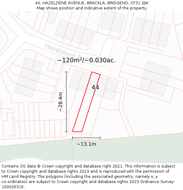 44, HAZELDENE AVENUE, BRACKLA, BRIDGEND, CF31 2JW: Plot and title map