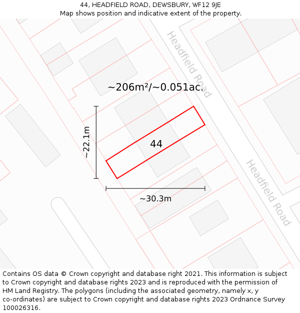 44, HEADFIELD ROAD, DEWSBURY, WF12 9JE: Plot and title map