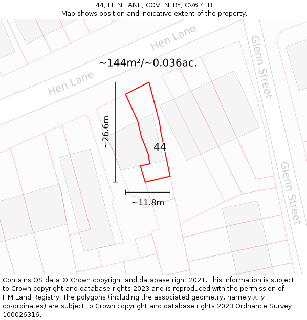 44, HEN LANE, COVENTRY, CV6 4LB: Plot and title map