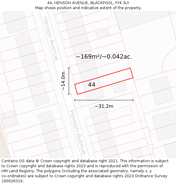 44, HENSON AVENUE, BLACKPOOL, FY4 3LY: Plot and title map