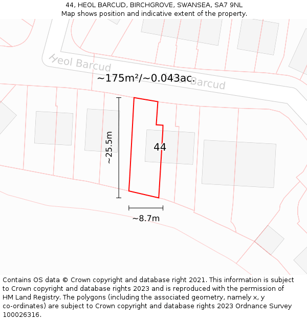 44, HEOL BARCUD, BIRCHGROVE, SWANSEA, SA7 9NL: Plot and title map