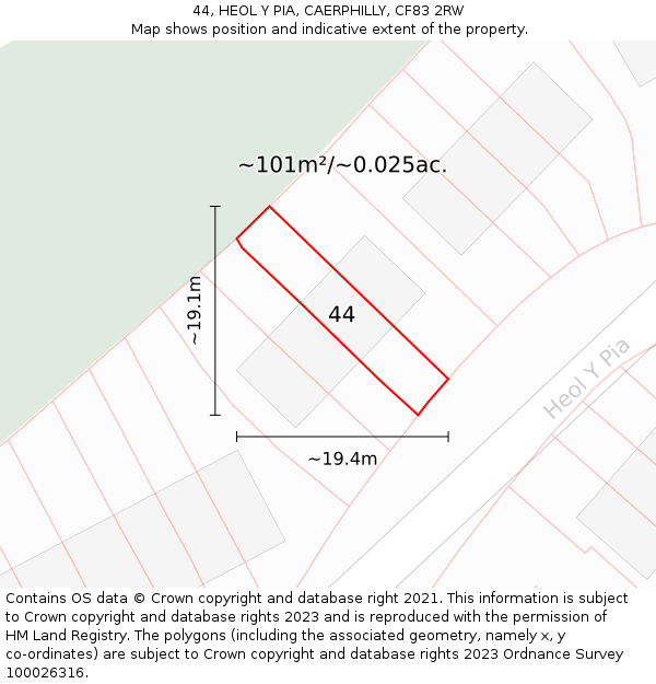 44, HEOL Y PIA, CAERPHILLY, CF83 2RW: Plot and title map