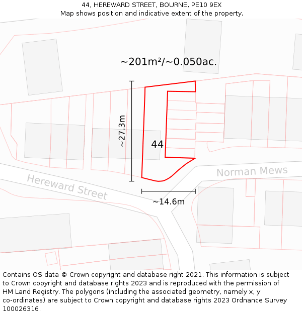 44, HEREWARD STREET, BOURNE, PE10 9EX: Plot and title map