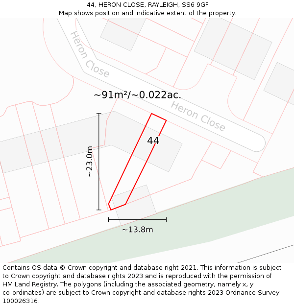 44, HERON CLOSE, RAYLEIGH, SS6 9GF: Plot and title map