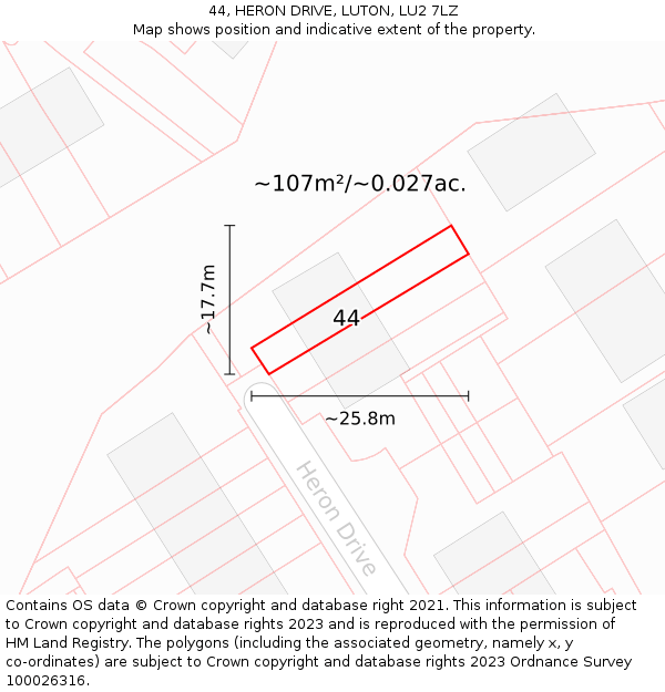 44, HERON DRIVE, LUTON, LU2 7LZ: Plot and title map