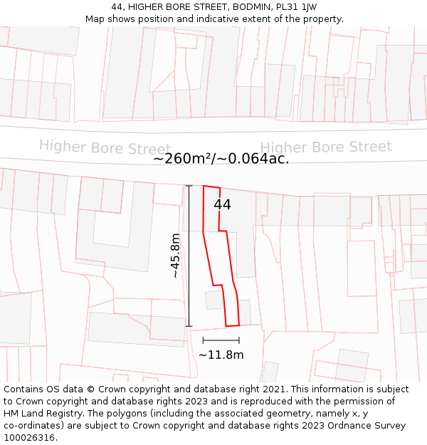 44, HIGHER BORE STREET, BODMIN, PL31 1JW: Plot and title map