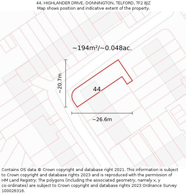 44, HIGHLANDER DRIVE, DONNINGTON, TELFORD, TF2 8JZ: Plot and title map
