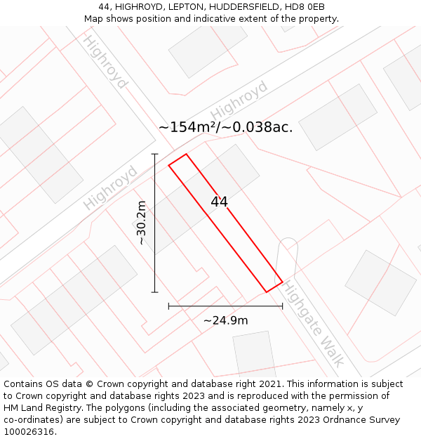 44, HIGHROYD, LEPTON, HUDDERSFIELD, HD8 0EB: Plot and title map