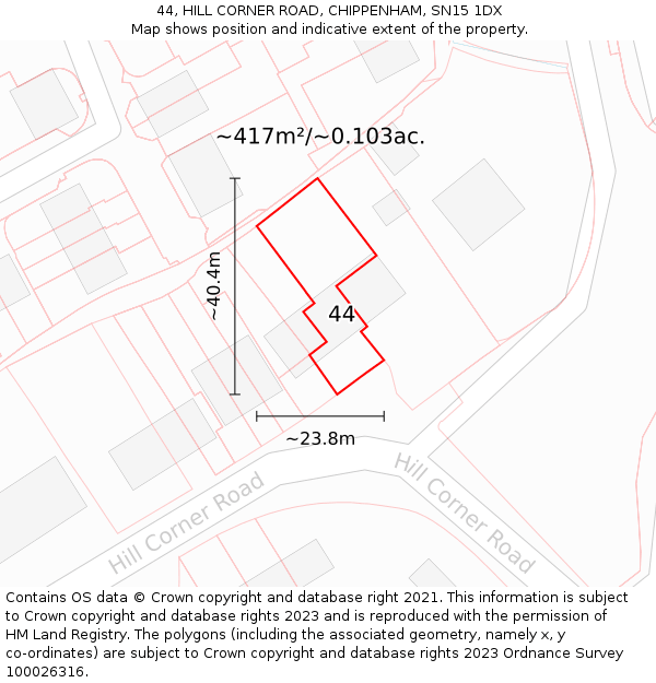 44, HILL CORNER ROAD, CHIPPENHAM, SN15 1DX: Plot and title map