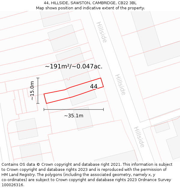 44, HILLSIDE, SAWSTON, CAMBRIDGE, CB22 3BL: Plot and title map