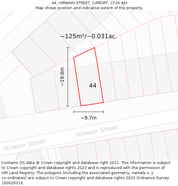 44, HIRWAIN STREET, CARDIFF, CF24 4JH: Plot and title map