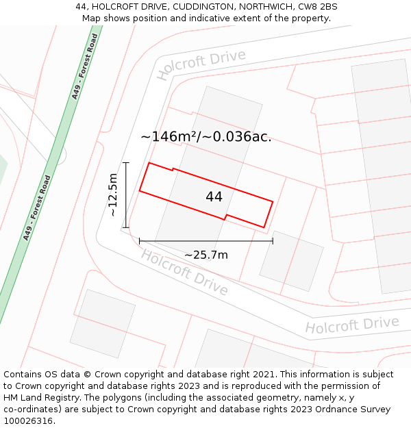 44, HOLCROFT DRIVE, CUDDINGTON, NORTHWICH, CW8 2BS: Plot and title map