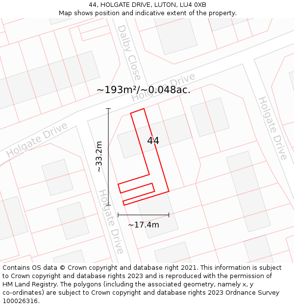 44, HOLGATE DRIVE, LUTON, LU4 0XB: Plot and title map